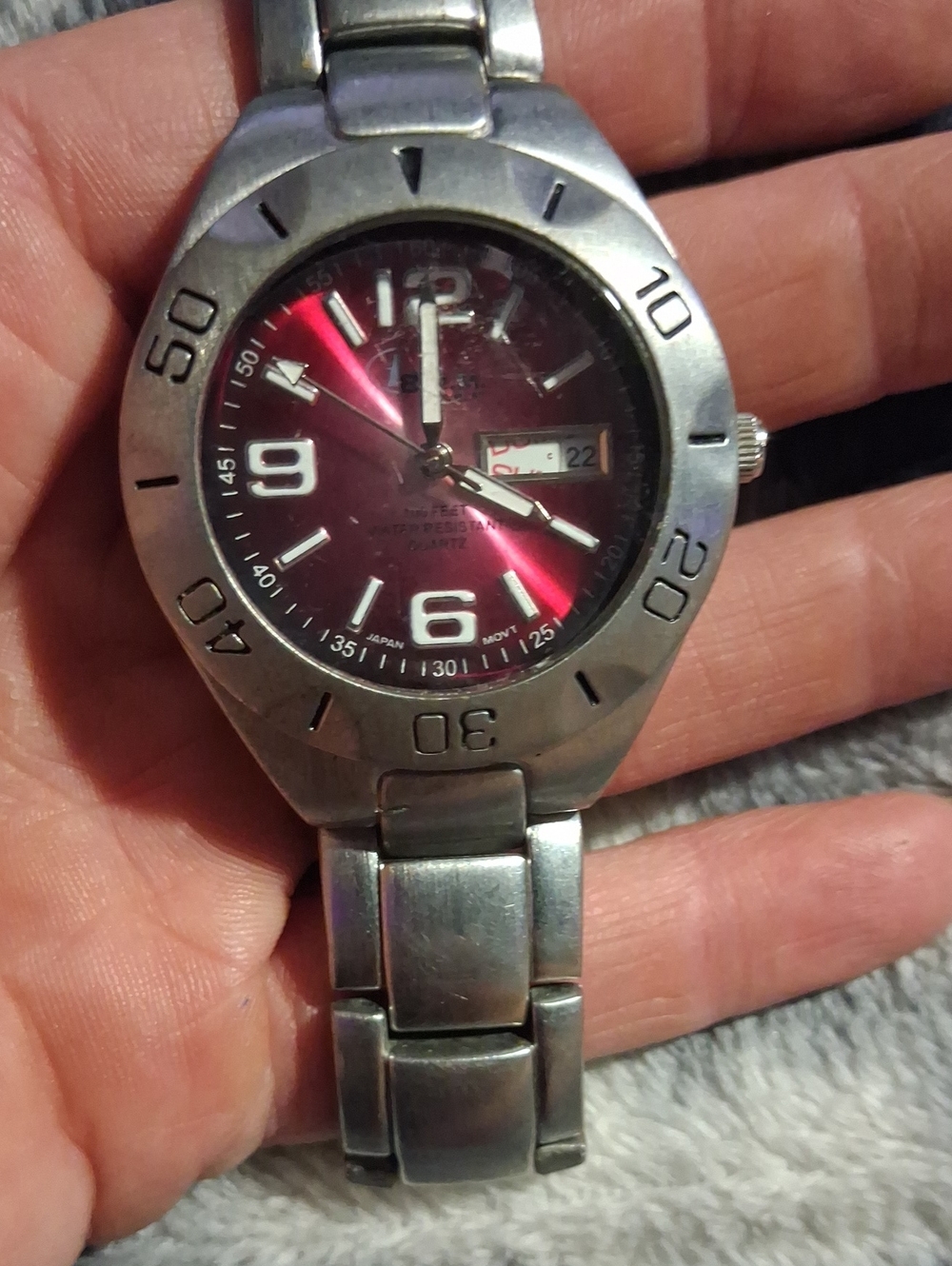 Men's Stainless Steel Watch with Red Sunray Dial and Date